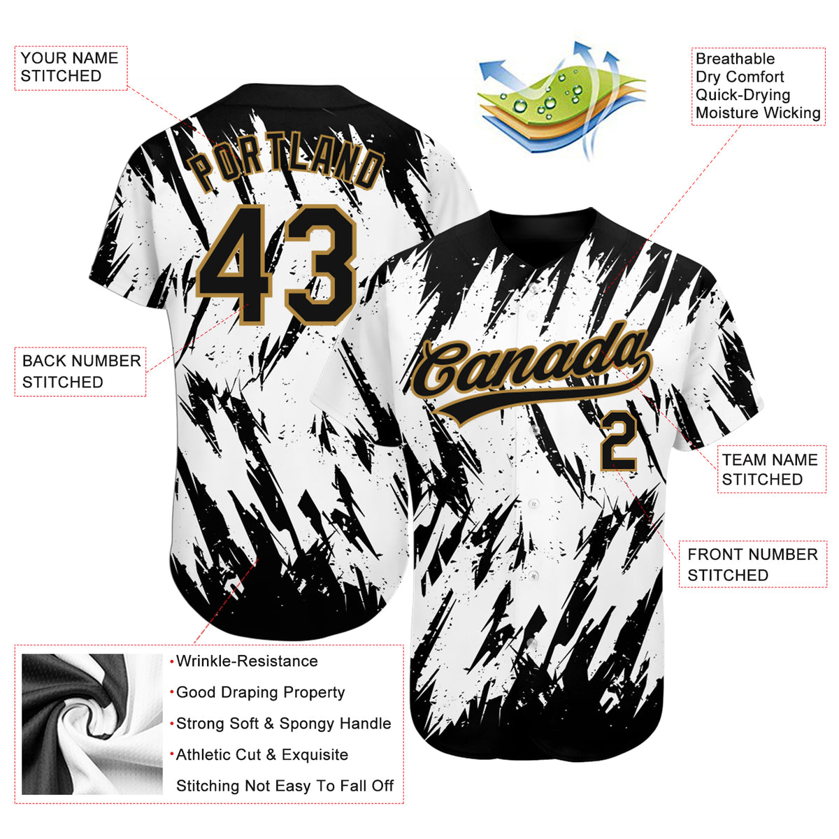 Custom White Black-Old Gold 3D Pattern Design Authentic Baseball