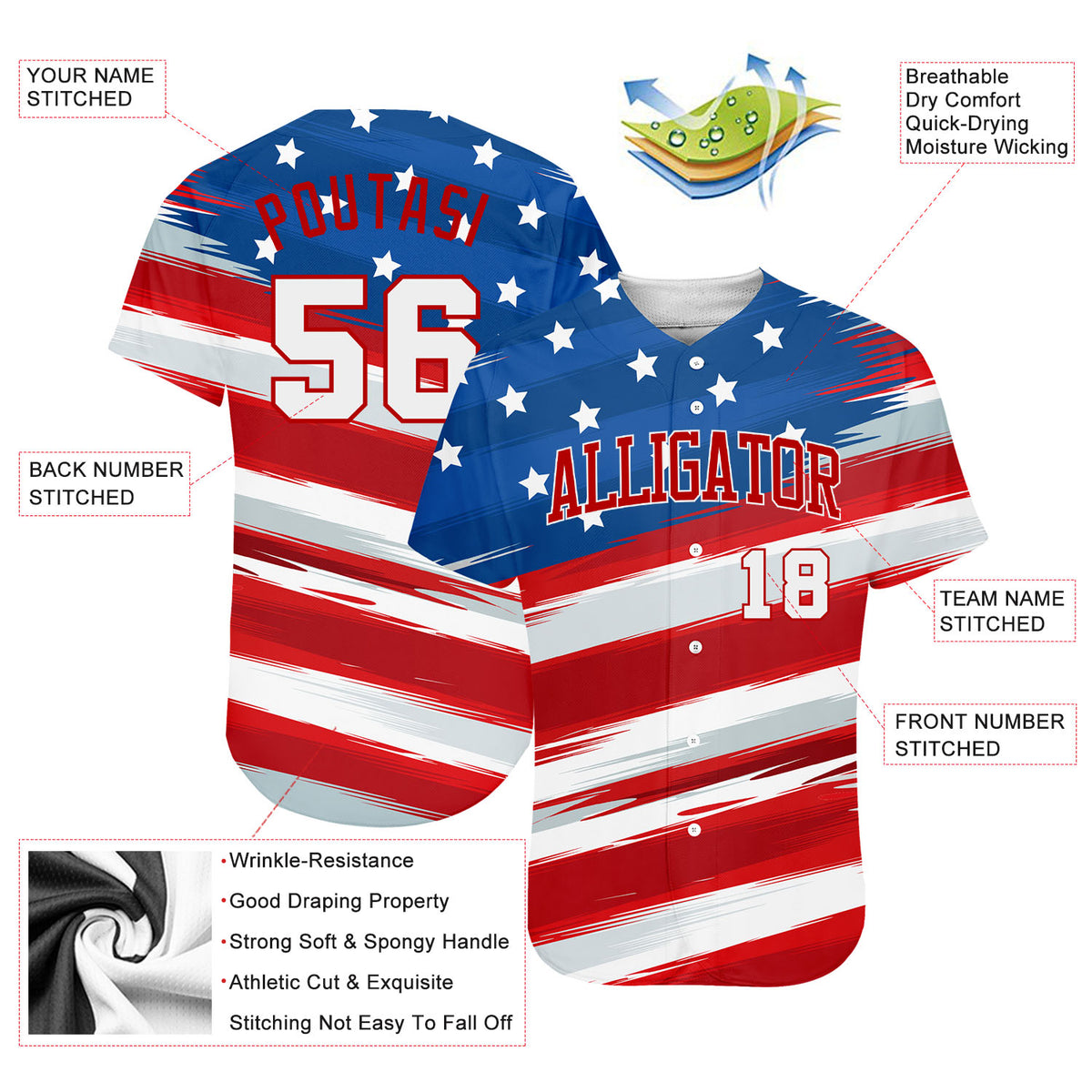 Custom Baseball Jersey White Red-Royal 3D American Flag Authentic Men's Size:XL