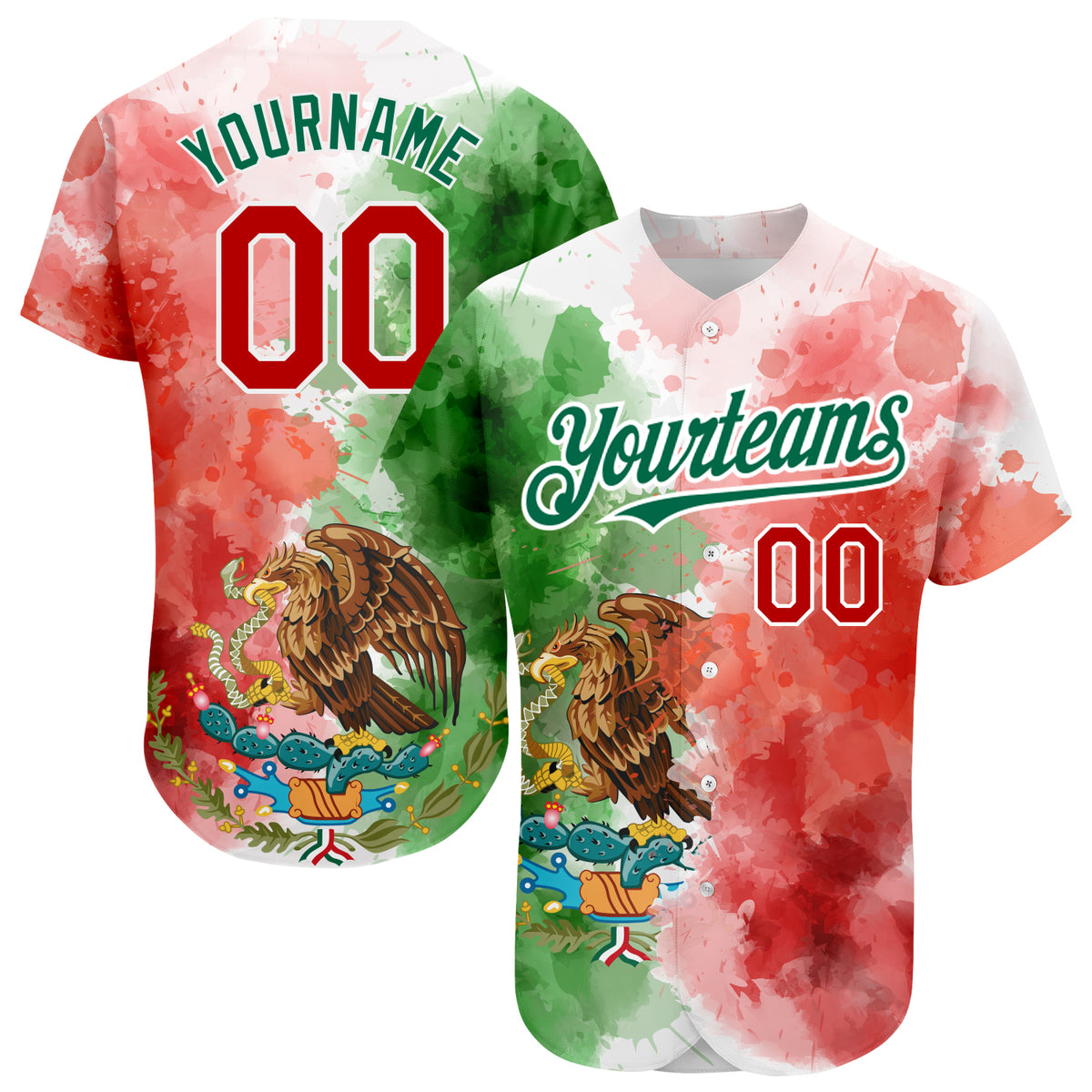 Custom Baseball Jersey White Red Kelly Green-Black 3D Mexican Flag Authentic Youth Size:M