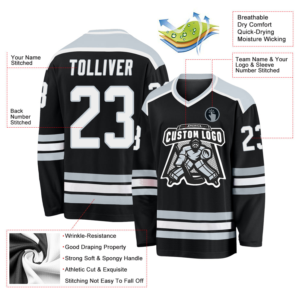 Custom White Silver-Black Hockey Jersey Men's Size:XL