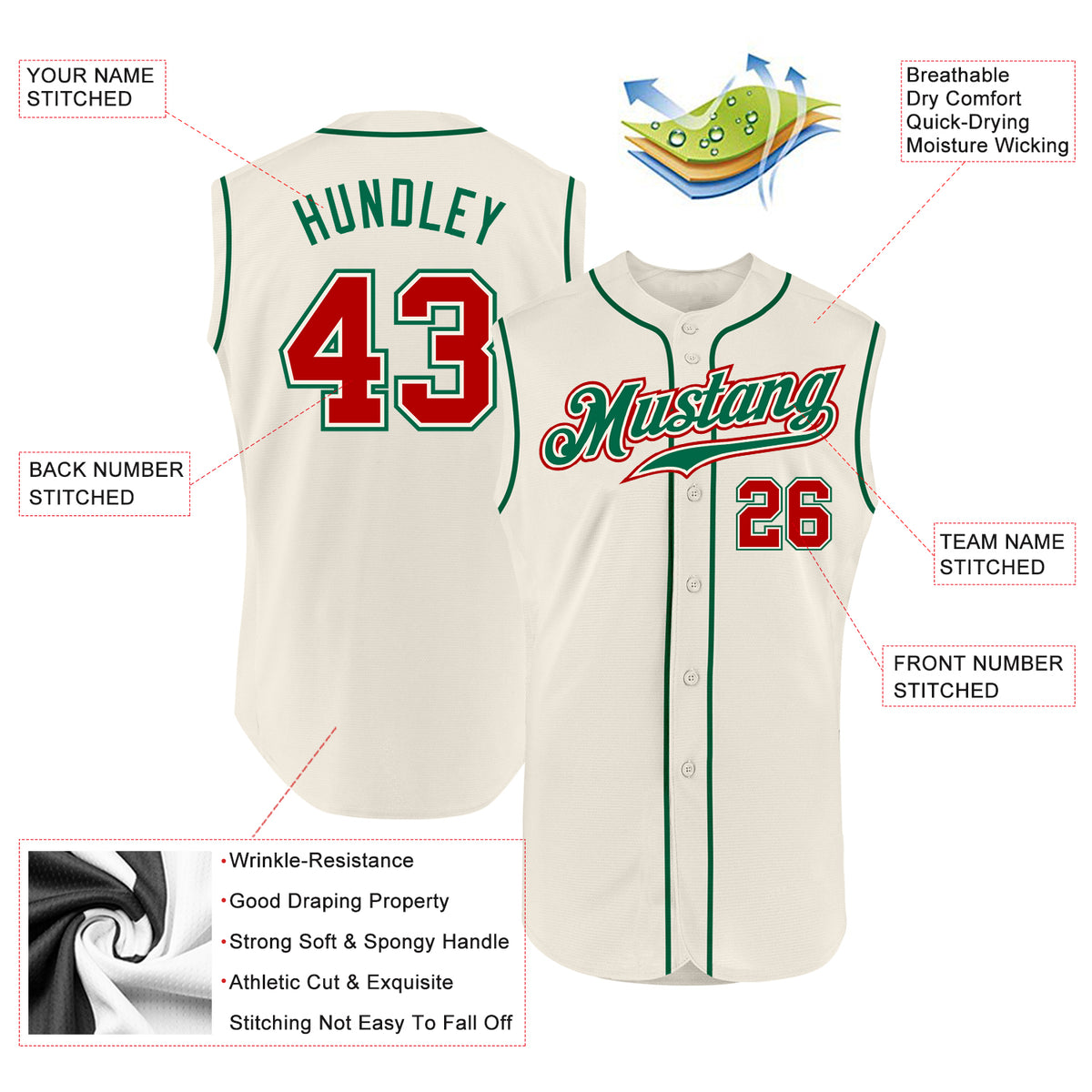 Custom Name Cream Kelly Green Red Baseball Jerseys Shirt - Freedomdesign