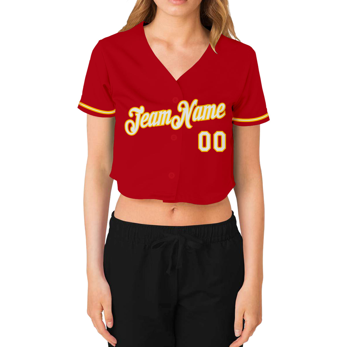 Custom Women's Red White-Gold V-Neck Cropped Baseball Jersey Fast Shipping  – FiitgCustom