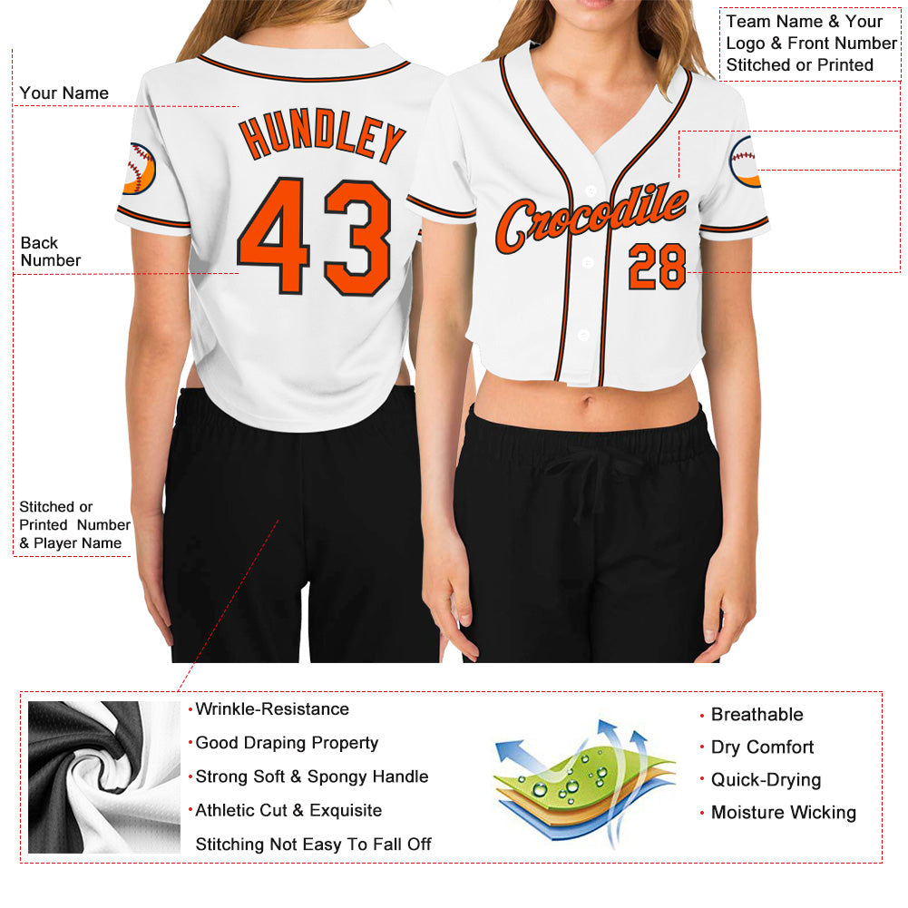 Custom Women's Black Orange-White V-Neck Cropped Baseball Jersey