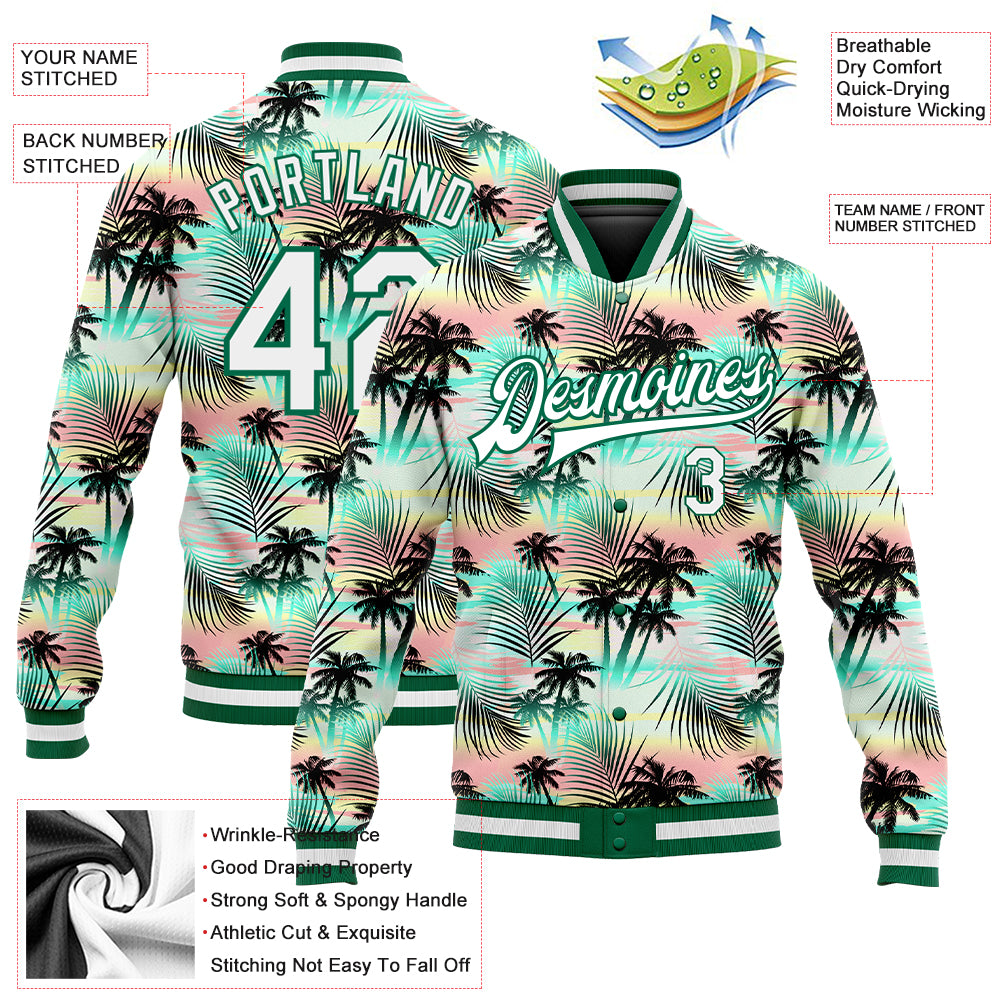 FANSIDEA Custom Varsity Letterman Jacket Lakes Blue Kelly Green-White Flamingo and Tropical Hawaii Palm Tree 3D Pattern Design Bomber Full-Snap Women's Size:S