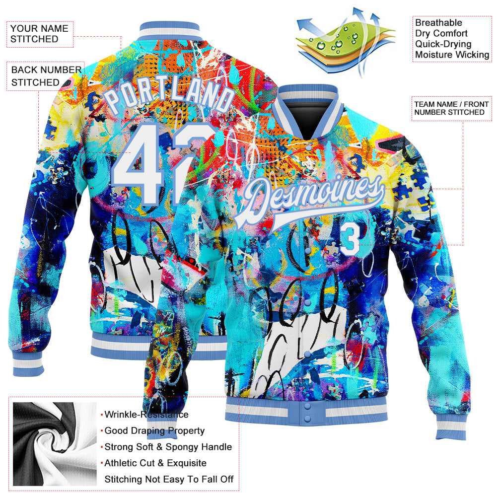 Cheap Custom Light Blue Pink-White Bomber Full-Snap Varsity