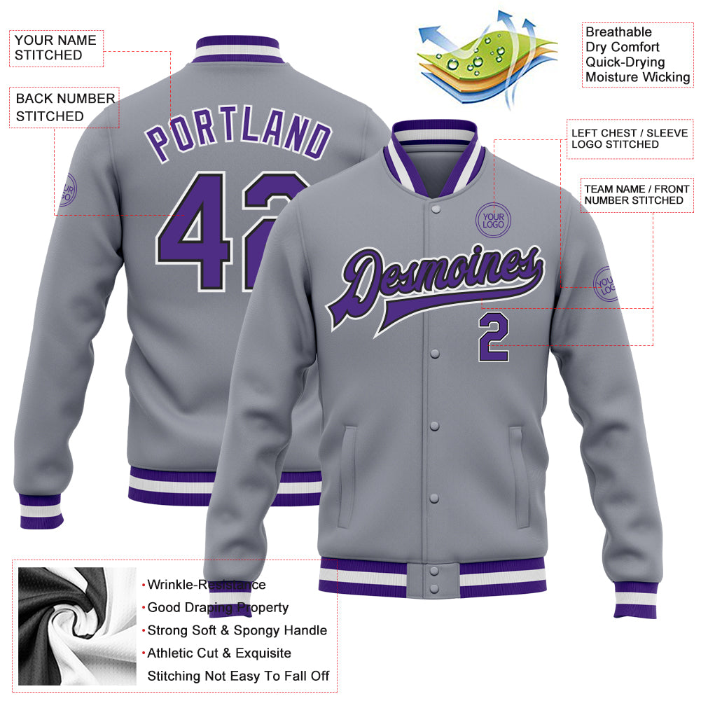 Cheap Custom Purple Pink-White Bomber Full-Snap Varsity Letterman