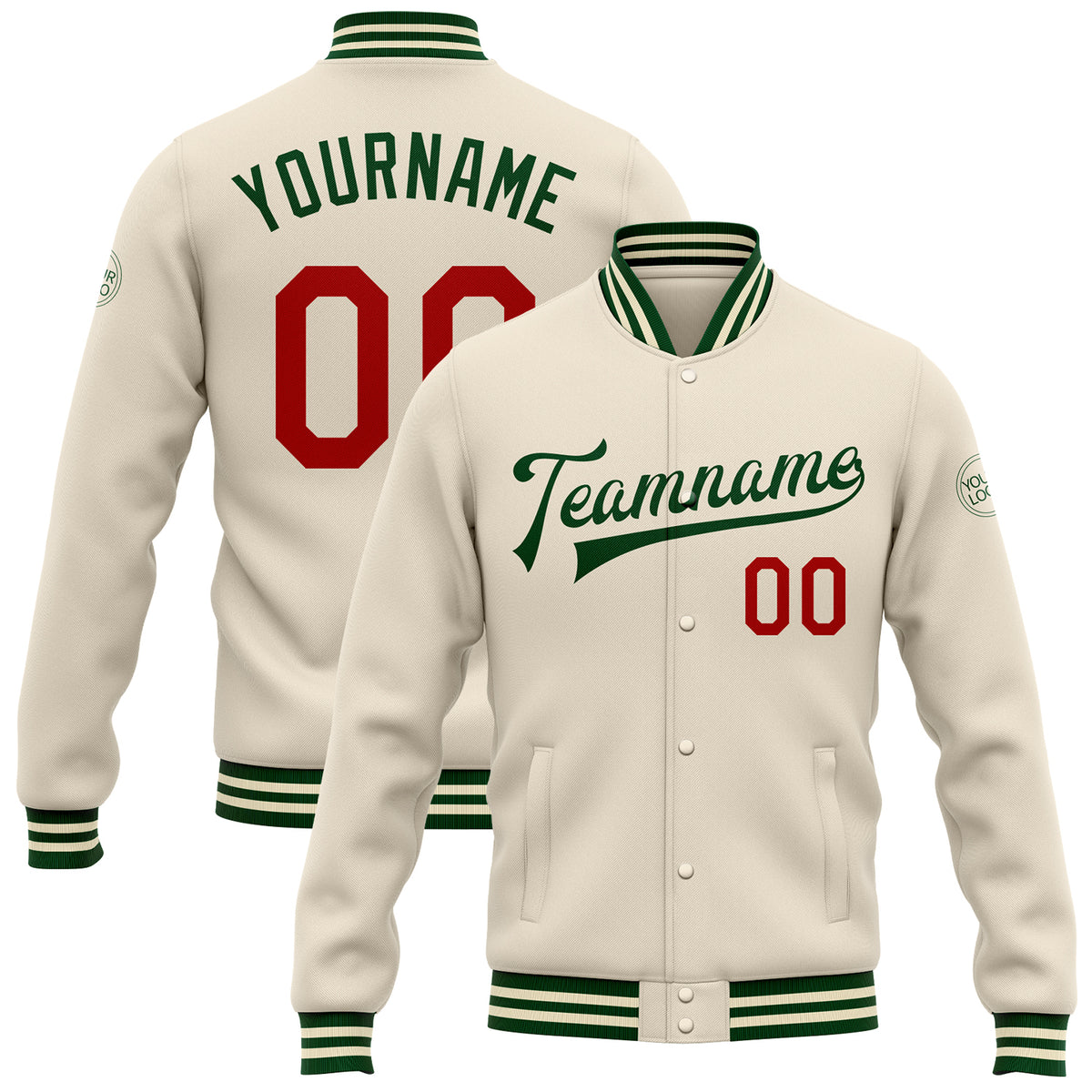 Custom Red Varsity Letterman Jacket Green-Gold Bomber Full-Snap