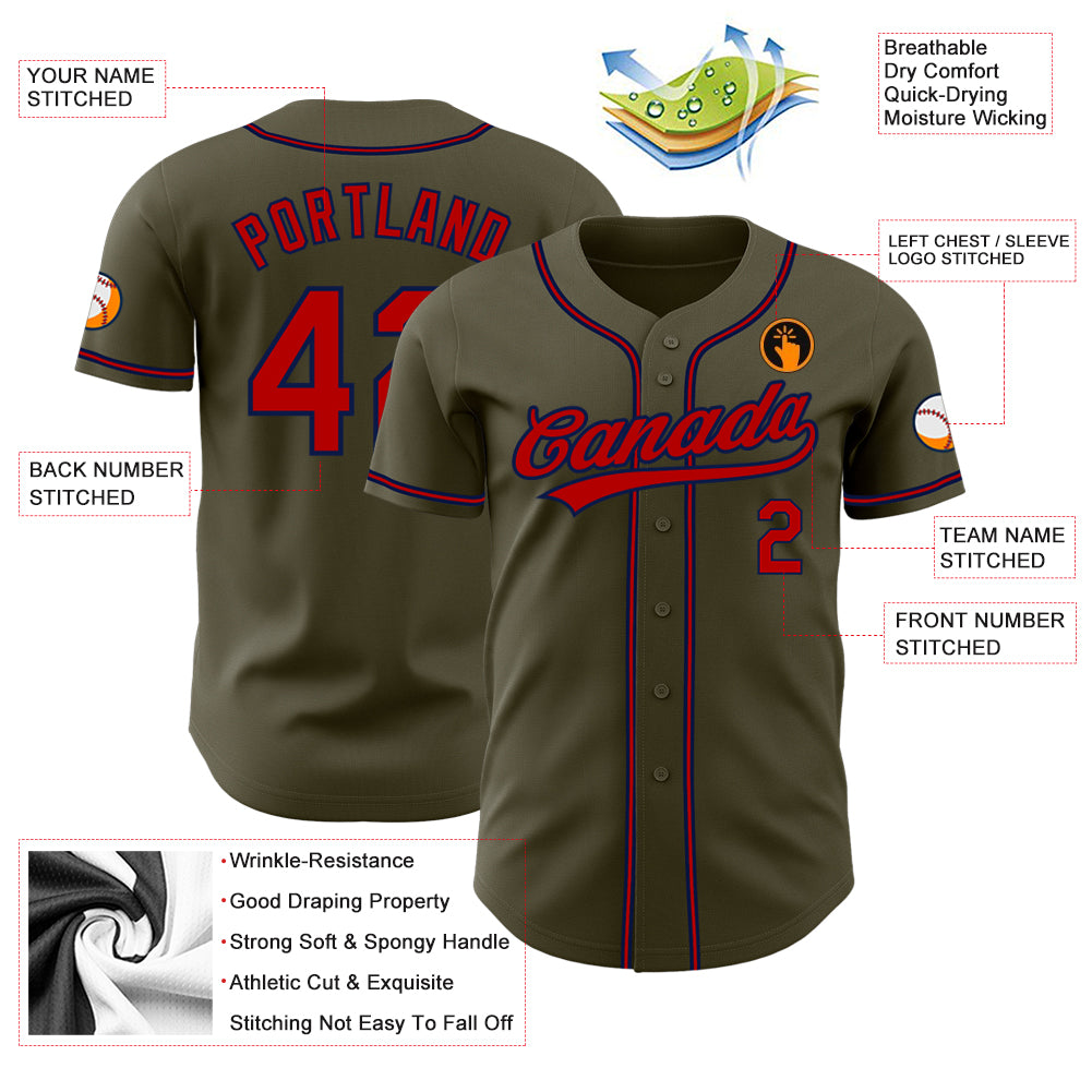 Custom Camo Olive-Red Authentic Salute To Service Baseball Jersey