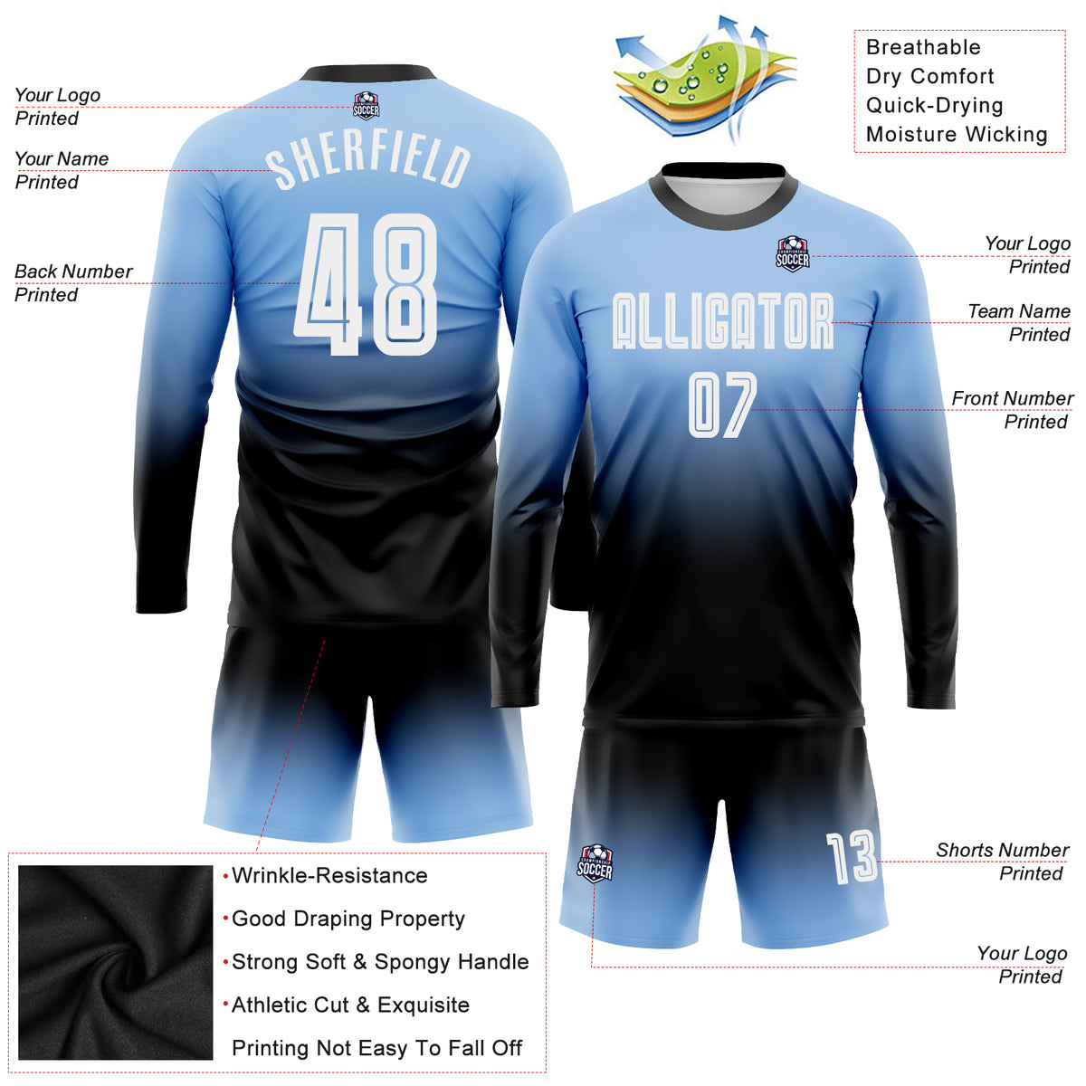 Custom Orange White-Light Blue Sublimation Long Sleeve Fade Fashion Soccer  Uniform Jersey Discount