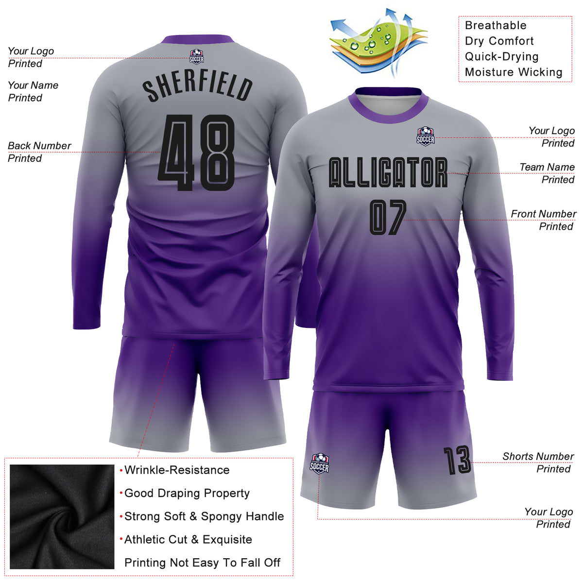 Custom Light Blue White-Purple Sublimation Long Sleeve Fade Fashion Soccer  Uniform Jersey Discount