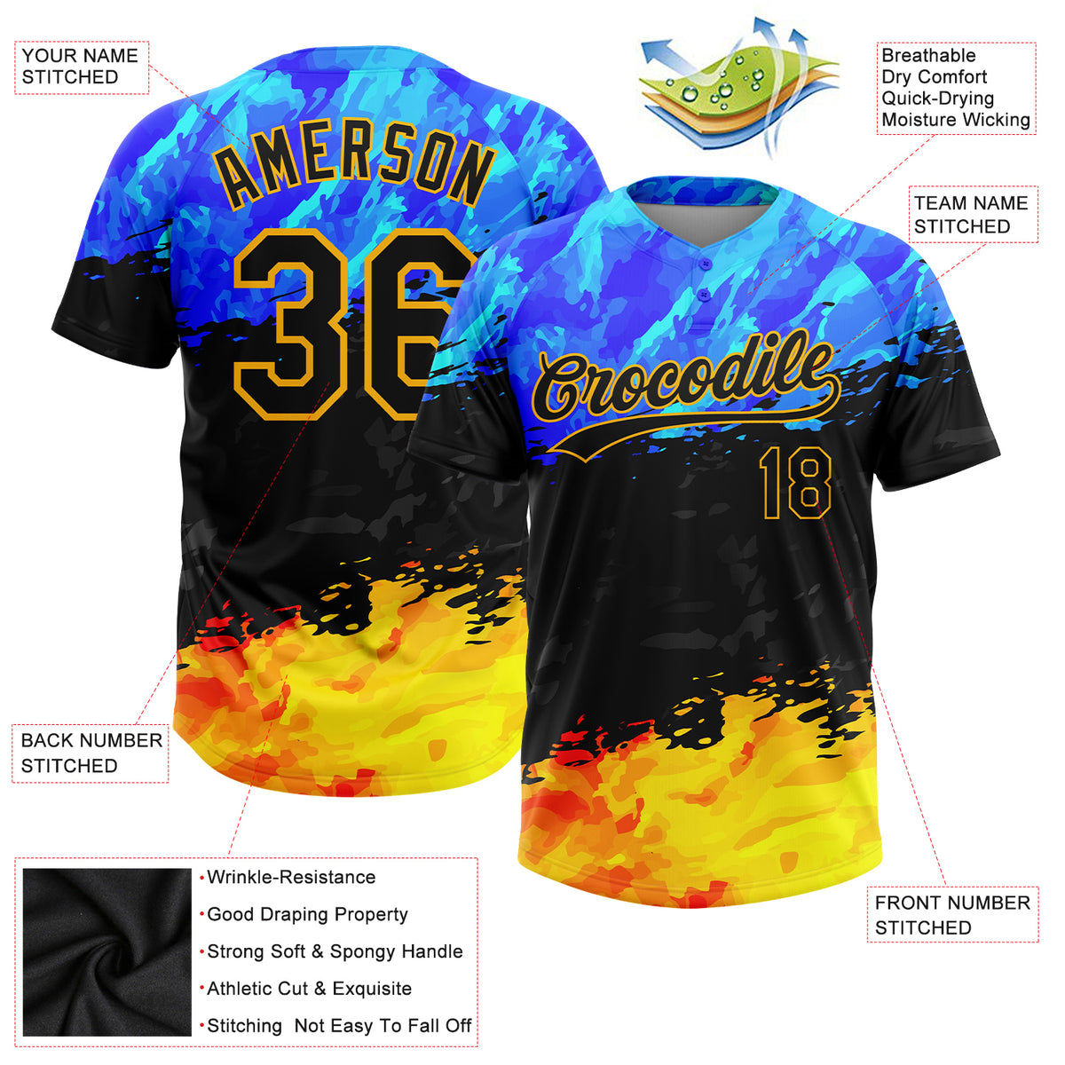 Full sub sublimated two button jerseys for baseball, fastpitch