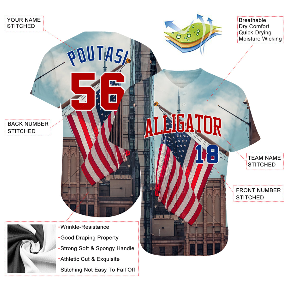 Custom White White-Red 3D American Flag Authentic Baseball Jersey