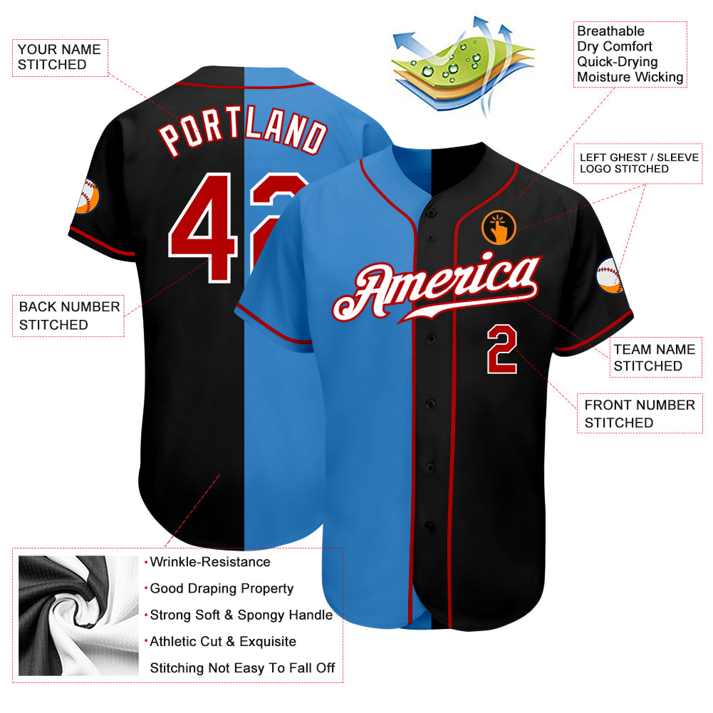 Custom Black Red-Powder Blue Authentic Split Fashion Baseball Jersey Fast  Shipping – FiitgCustom