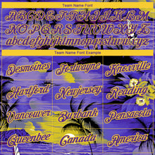 Load image into Gallery viewer, Custom Purple Yellow 3D Pattern Design Sun Beach Hawaii Palm Trees Performance T-Shirt
