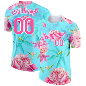 Custom Aqua Pink-White 3D Pattern Design Flowers Performance T-Shirt