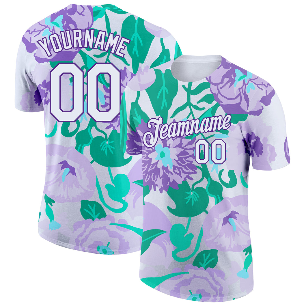 Custom Purple White 3D Pattern Design Flowers Performance T-Shirt