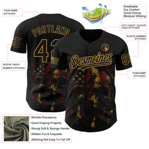 Custom Black Old Gold 3D American Flag Skull Patriotic Authentic Baseball Jersey