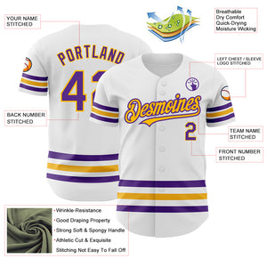 Custom White Purple-Gold Line Authentic Baseball Jersey