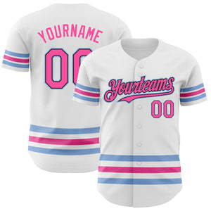 Custom White Pink Black-Light Blue Line Authentic Baseball Jersey