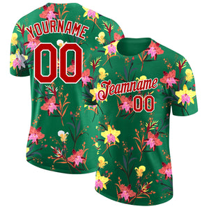 Custom Kelly Green Red-White 3D Pattern Design Flowers Performance T-Shirt