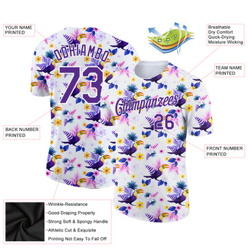 Custom White Purple 3D Pattern Design Tropical Hawaii Flower With Bird Performance T-Shirt