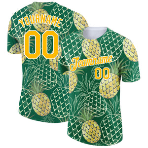 Custom Kelly Green Gold-White 3D Pattern Design Summer Holiday Pineapple Performance T-Shirt