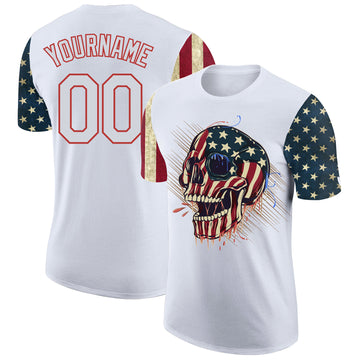 Custom White Red 3D Skull Head With American Flag Performance T-Shirt