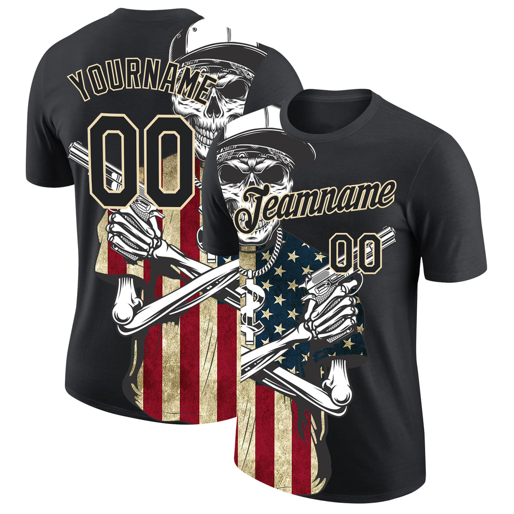 Custom Black City Cream 3D Skull Killer With American Flag Performance T-Shirt