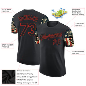 Custom Black Red 3D Skull With American Flag Performance T-Shirt