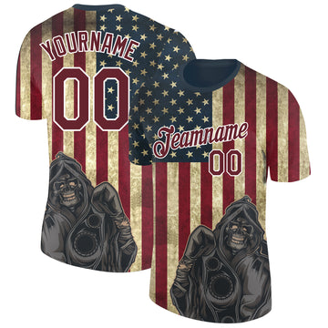 Custom Navy Crimson-White 3D Skull And American Flag Performance T-Shirt