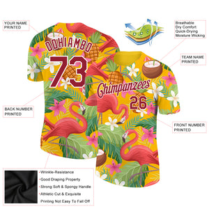 Custom Yellow Crimson-White 3D Pattern Design Tropical Hawaii Flamingo Performance T-Shirt