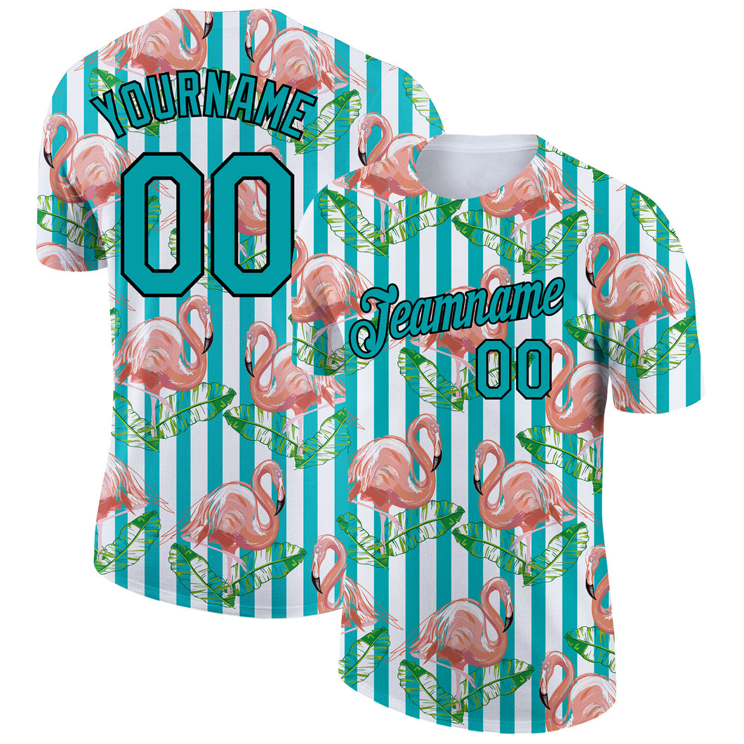 Custom White Teal-Black 3D Pattern Design Tropical Hawaii Flamingo Performance T-Shirt