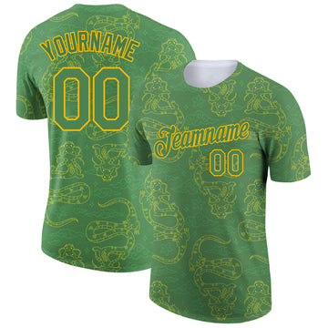 Custom Kelly Green Gold 3D Pattern Design Dragon Performance T-Shirt