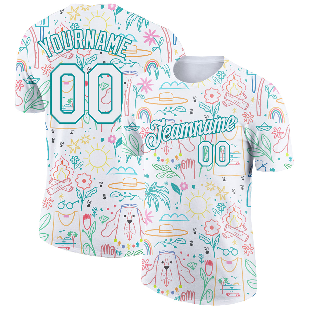 Custom White Aqua 3D Pattern Design Hawaii Summer Holiday Performance T-Shirt