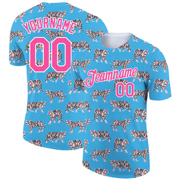 Custom Light Blue Pink-White 3D Pattern Design Tiger Performance T-Shirt