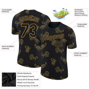 Custom Black Old Gold 3D Pattern Design Tiger Performance T-Shirt