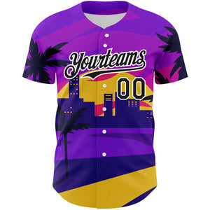 Custom Purple Black-White 3D Pattern Design Hawaii Palm Trees Authentic Baseball Jersey