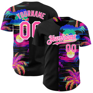 Custom Black Pink-White 3D Pattern Design Beach Hawaii Palm Trees Authentic Baseball Jersey