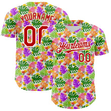 Load image into Gallery viewer, Custom White Red 3D Pattern Design Tropical Hawaii Palm Leaves Authentic Baseball Jersey
