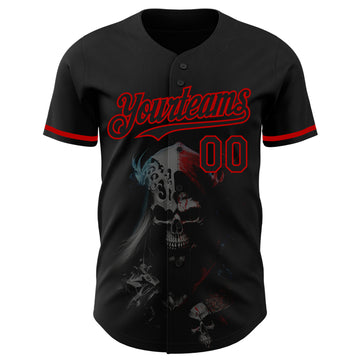 Custom Black Red 3D Skull Fashion Authentic Baseball Jersey