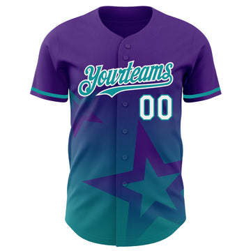 Custom Purple Teal-White 3D Pattern Design Gradient Style Twinkle Star Authentic Baseball Jersey