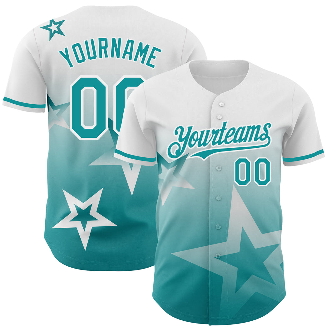 Custom White Teal 3D Pattern Design Gradient Style Twinkle Star Authentic Baseball Jersey