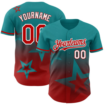 Custom Teal Red-White 3D Pattern Design Gradient Style Twinkle Star Authentic Baseball Jersey