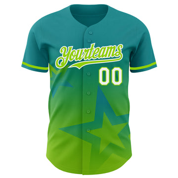 Custom Teal Neon Green-White 3D Pattern Design Gradient Style Twinkle Star Authentic Baseball Jersey