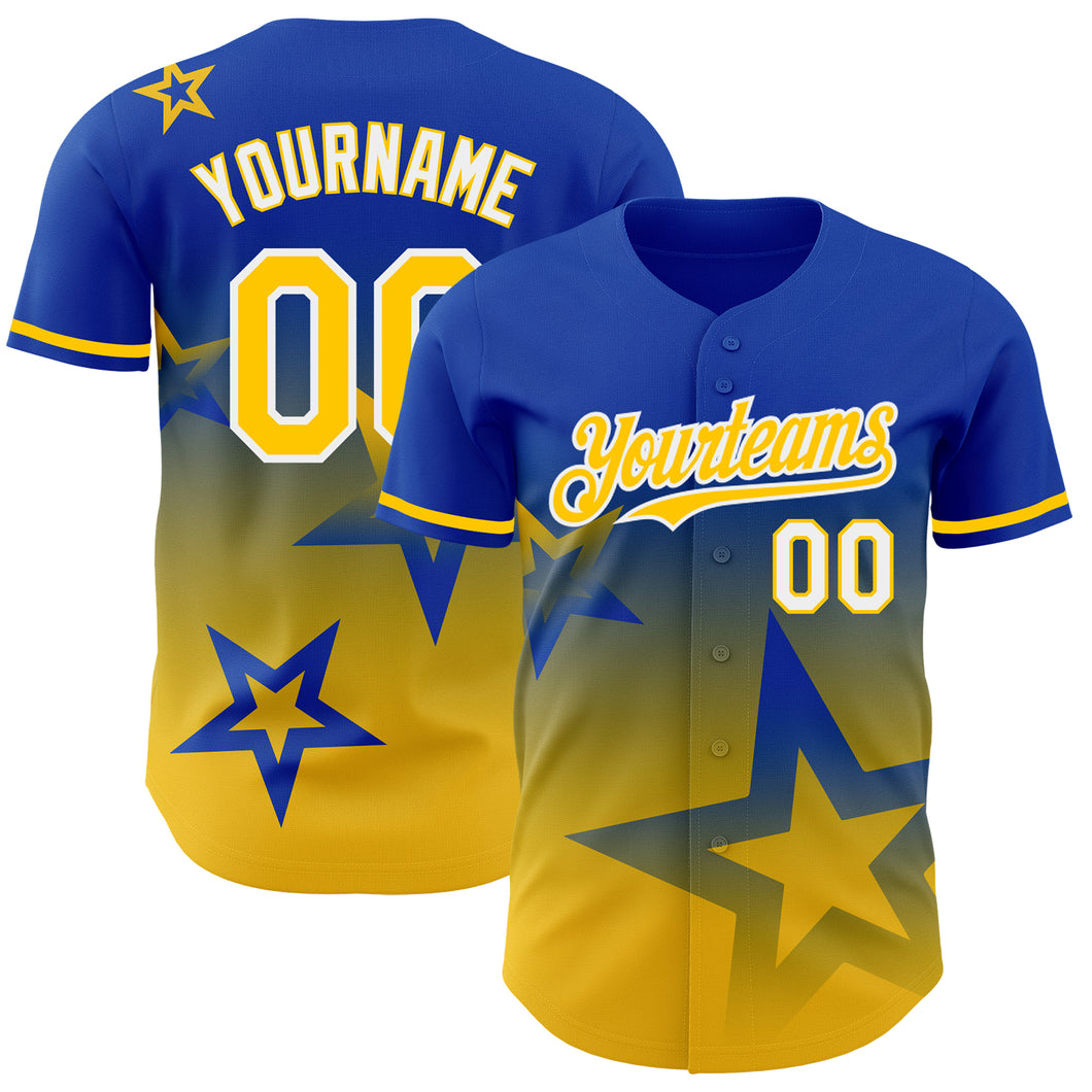 Custom Thunder Blue Yellow-White 3D Pattern Design Gradient Style Twinkle Star Authentic Baseball Jersey