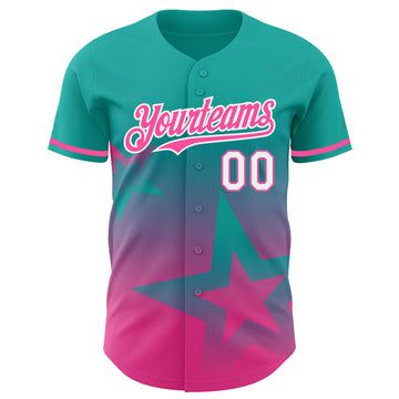 Custom Aqua Pink-White 3D Pattern Design Gradient Style Twinkle Star Authentic Baseball Jersey