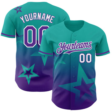 Custom Aqua Purple-White 3D Pattern Design Gradient Style Twinkle Star Authentic Baseball Jersey