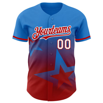 Custom Electric Blue Red-White 3D Pattern Design Gradient Style Twinkle Star Authentic Baseball Jersey