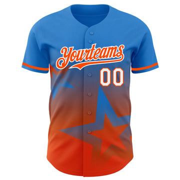 Custom Electric Blue Orange-White 3D Pattern Design Gradient Style Twinkle Star Authentic Baseball Jersey