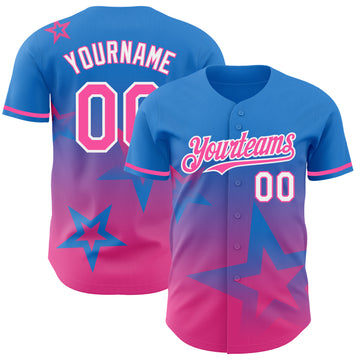 Custom Electric Blue Pink-White 3D Pattern Design Gradient Style Twinkle Star Authentic Baseball Jersey